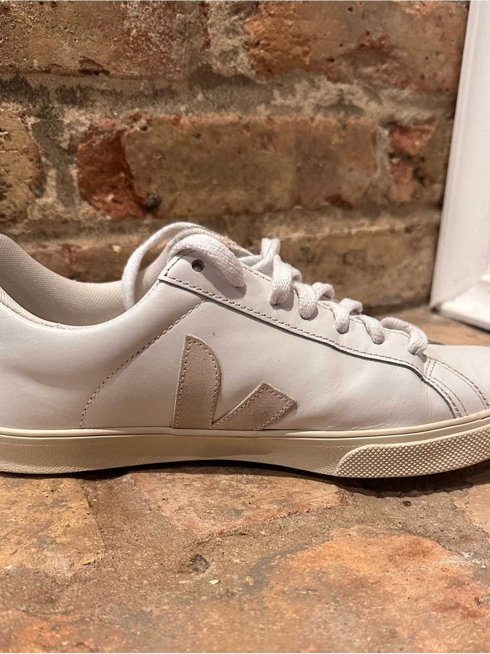 Veja White Leather Low-Top Sneakers with Beige 'V' Accent